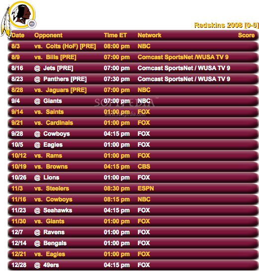 Redskins NFL SCHEDULE Screenshots, screen capture - Softpedia